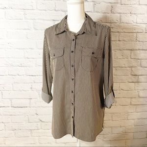 Womens Black and Tan striped button down blouse